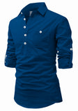 Men's Cotton Fabric Roll Up Sleeve Spread Collar Royal Blue Kurta